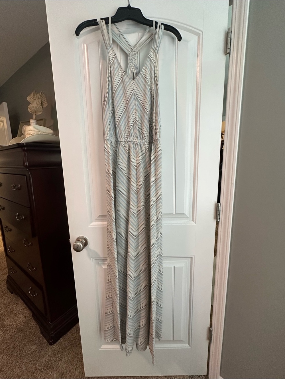 Striped V-Neck Maxi Dress with Cross-Back Straps